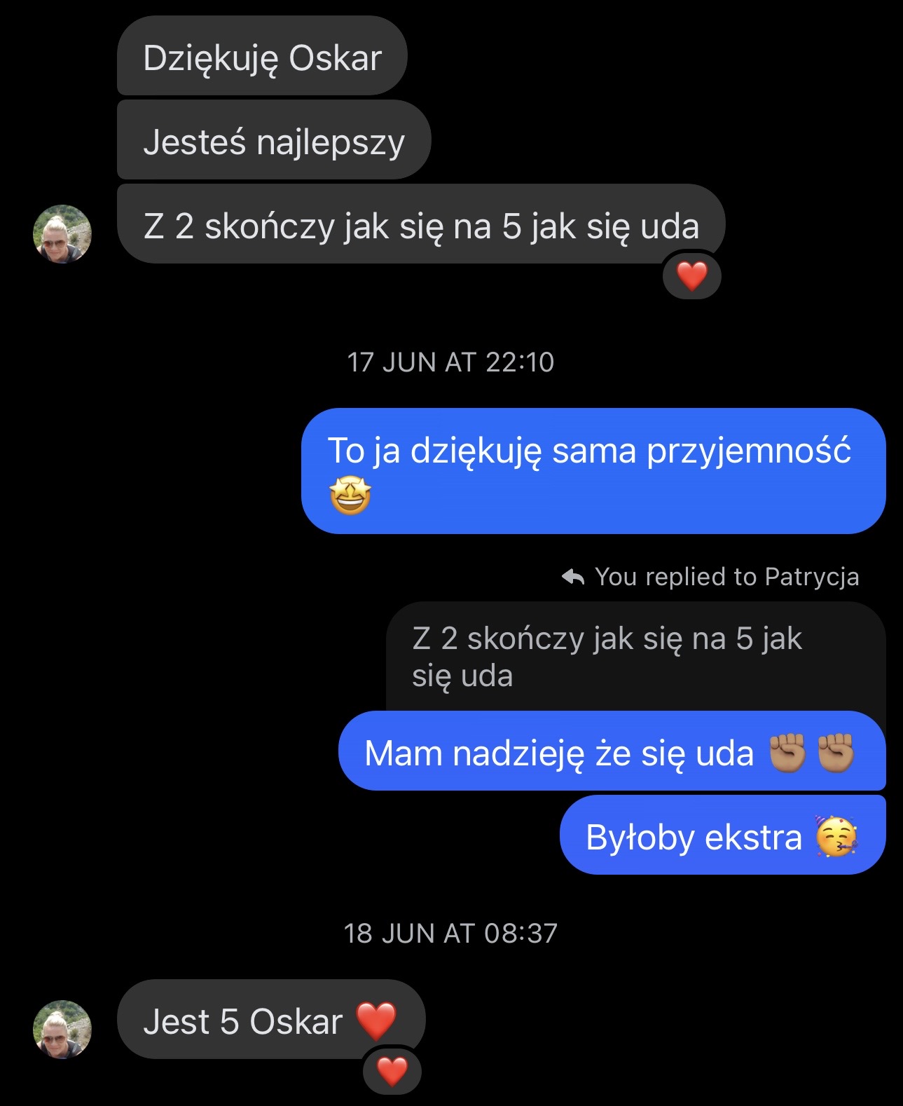 Wiadomość z podziękowaniem — piątka