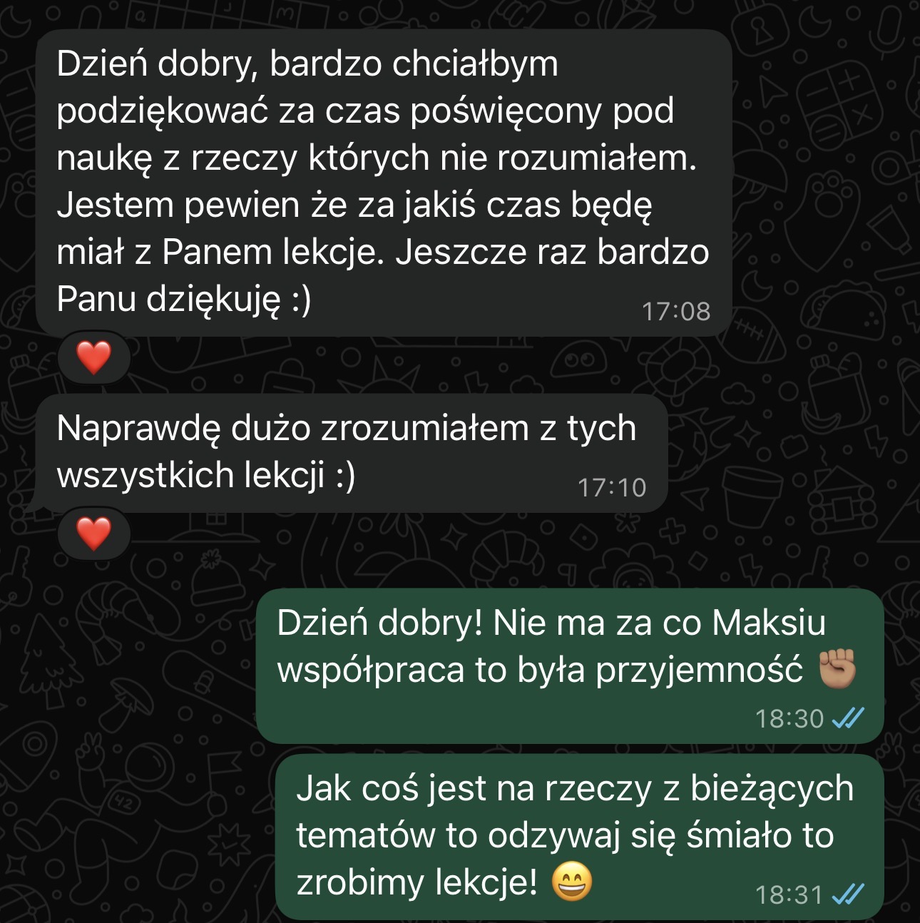 Wiadomość — Maks dziękuje za lekcje
