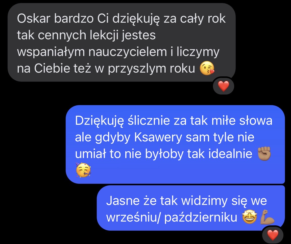 Wiadomość — podziękowanie za cały rok lekcji