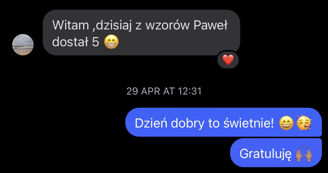 Wiadomość — Paweł z wzorów dostał 5